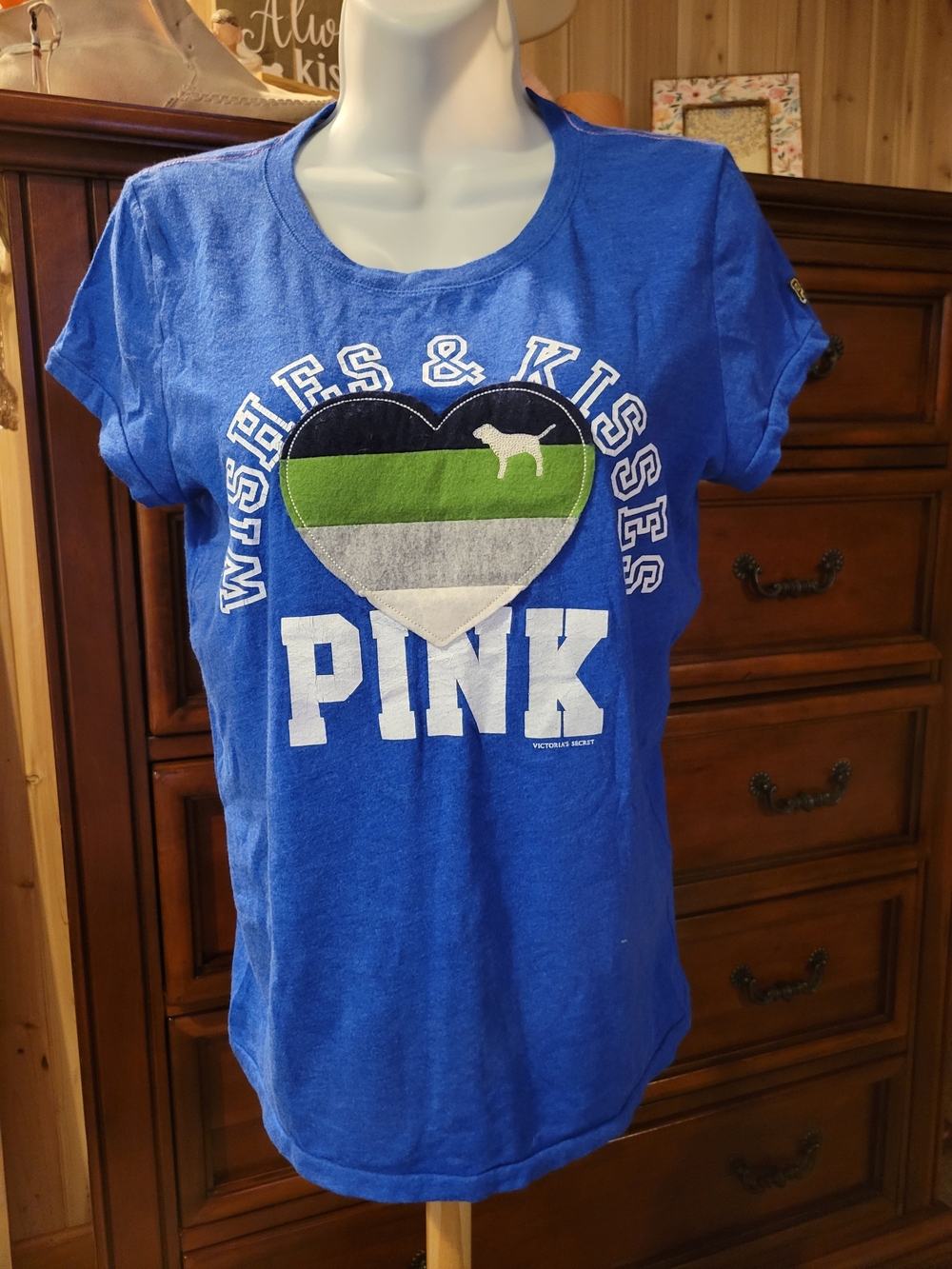 Vintage PINK Victoria's Secret Royal Blue Short Sleeve Tee with Heart Graphic